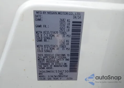 2014 Infiniti Qx60 z USA, uszkodzony, nr VIN 5N1AL0MN5EC534730